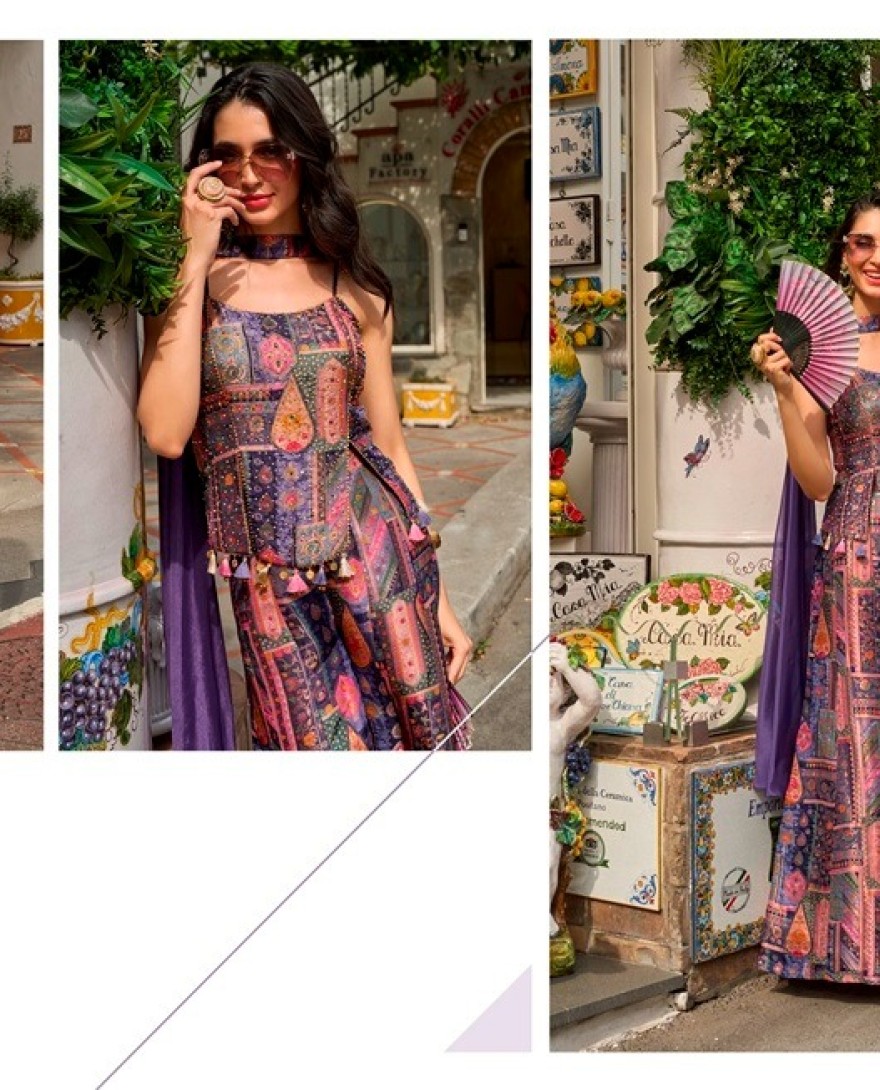 PURPLE - Stunning Multi Colour Jacquard Silk Palazzo Salwar Suit